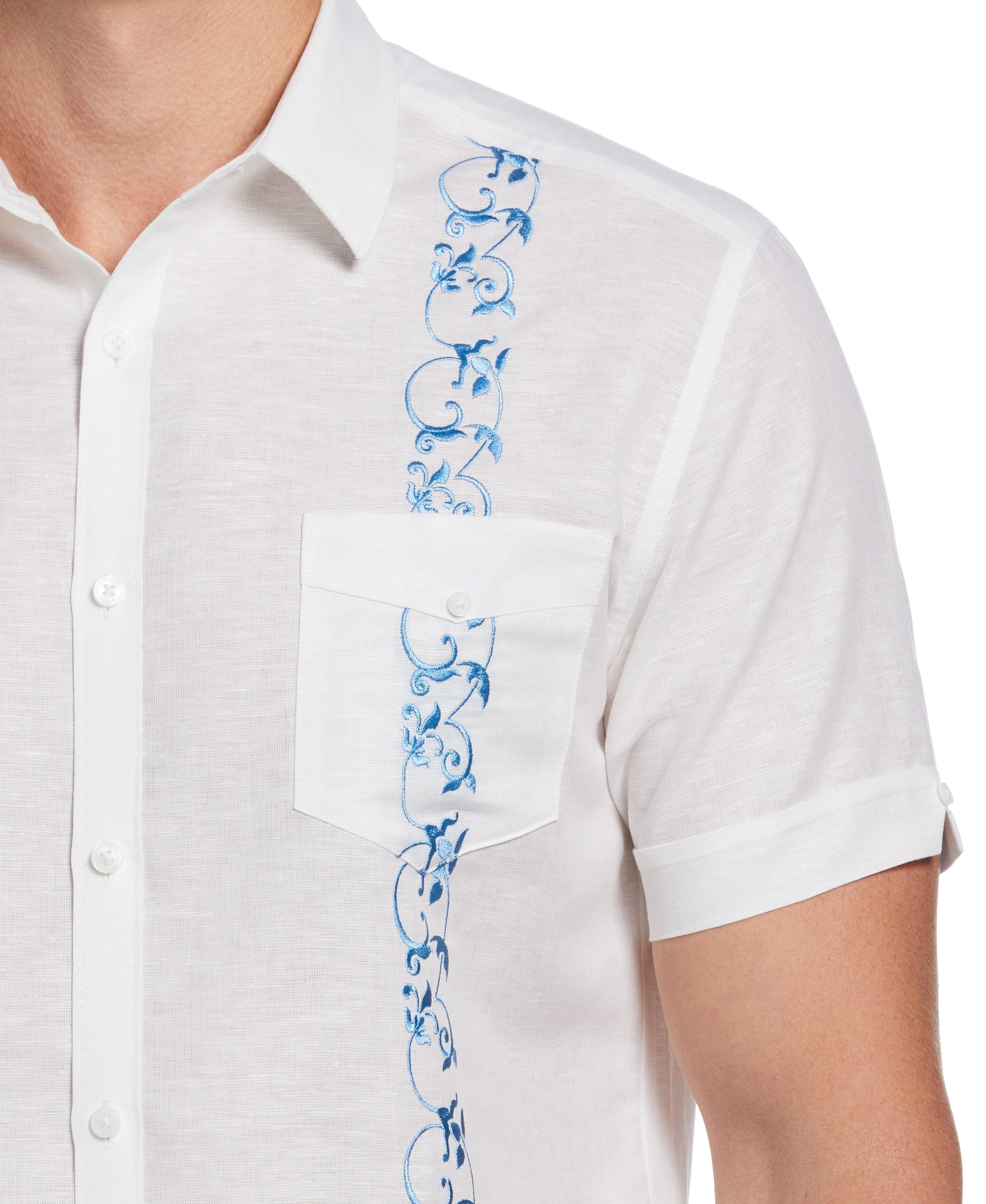 Linen Blend Contrast Embroidery Guayabera Shirt - Image 4