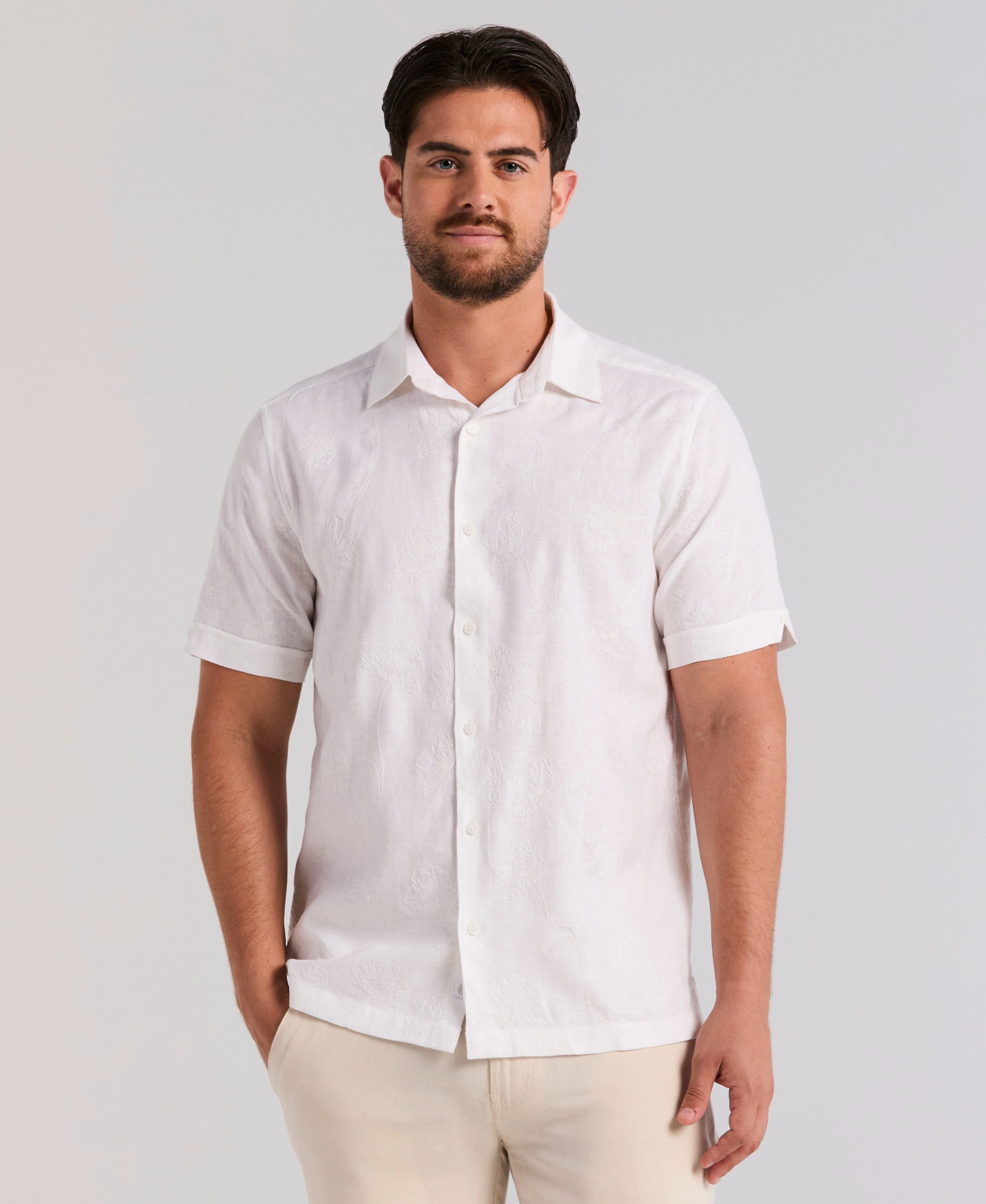 Floral Schiffli Linen-Blend Shirt