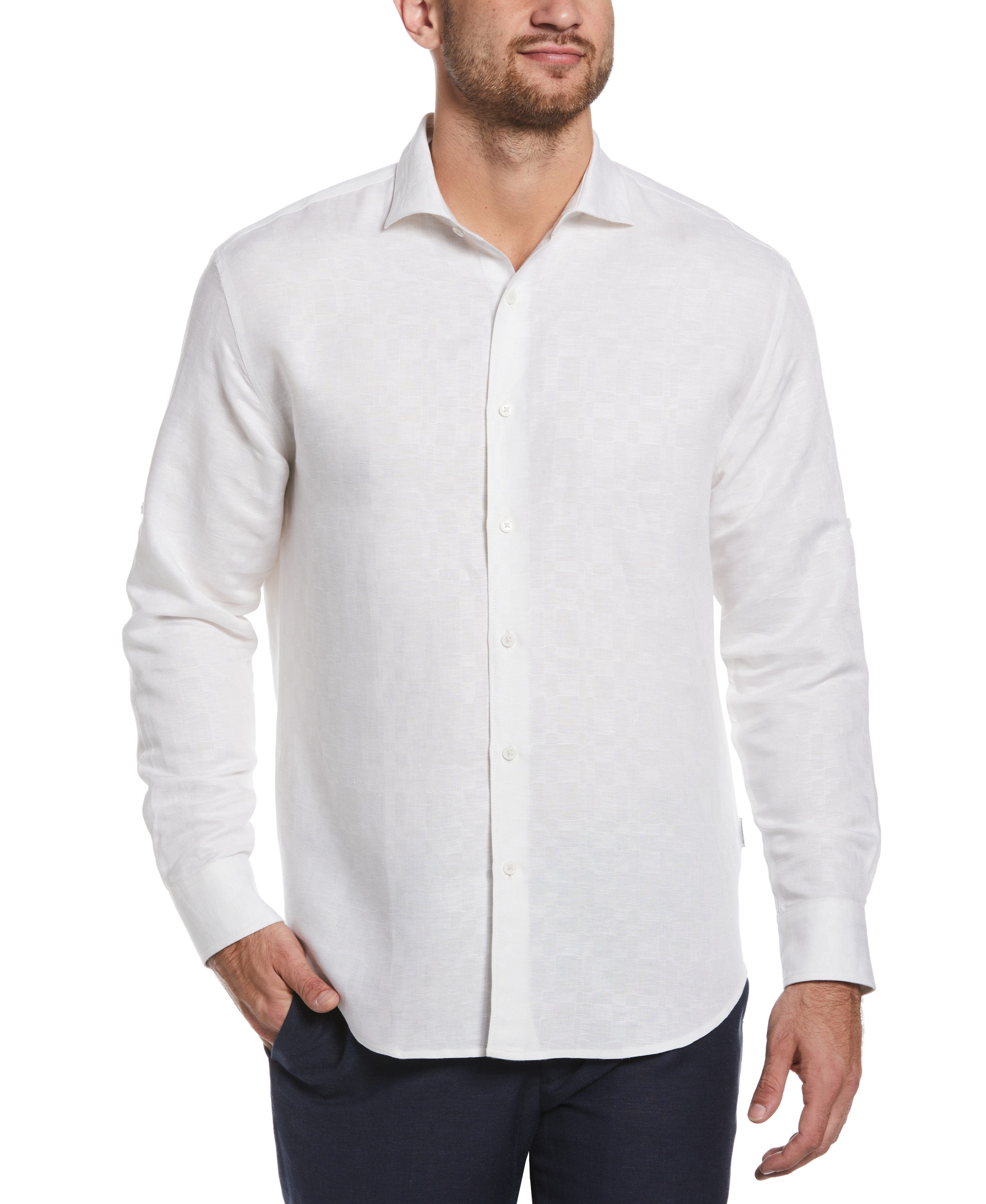 Linen Blend Plaid Dobby Roll Sleeve Shirt - Image 4