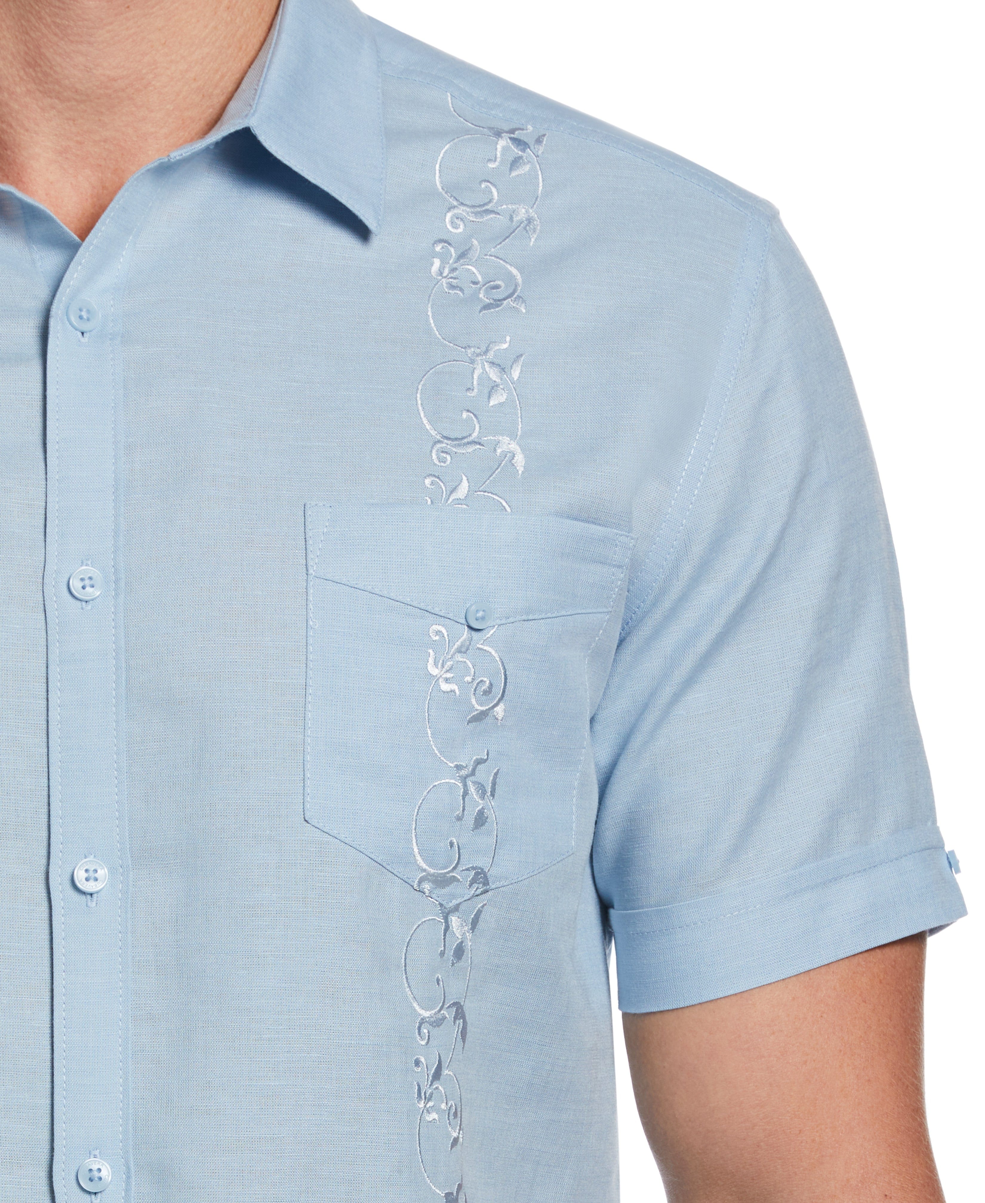 Linen Blend Tonal Embroidery Guayabera Shirt - Image 4